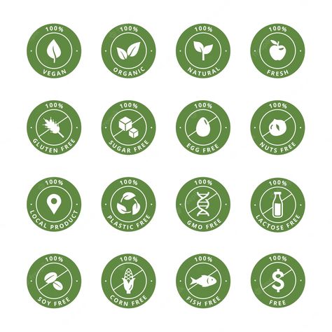 Premium Vector | Vector product 100 icons organic natural vegan products labels sugar egg and lactose free tag gluten nuts and fish free allergy tags vector set Organic Product Packaging, Vegan Branding, Skin Care Business, Vegan Design, Free Tag, Peanut Allergy, Vegan Products, Sugar Eggs, Gluten Free Sugar Free