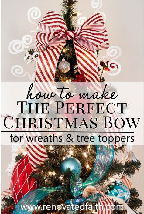 How to Make a Christmas Bow - Mind BLOWN, it's so easy! - This bow tutorial can be used for Christmas wreaths, holiday presents, hair, Christmas wreaths, for tree toppers and other decorations. Use any ribbon. #easycrafts #christmasdecor Burlap Bow Tutorial, Making Bows For Wreaths, Easiest Burlap, Toppers Diy, Christmas Wreaths Diy Easy, Tree Topper Bow, Diy Christmas Wreaths, Christmas Tree Bows, Burlap Bow