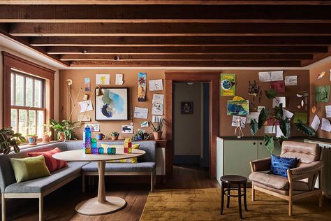 A colourful Arts and Crafts home in California Cool Basement, Graphic Tiles, Berkeley Homes, Carter Family, Berkeley California, Oak Armchair, Cork Wall, Multipurpose Room, Kitchen Nook