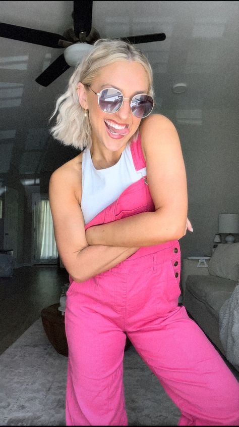 Wide leg hot pink overalls, coveralls, style, spring, bright simple outfit, idea, inspiration, sunglasses, short blonde hair, photo ideas Pink Overalls, Style Pink, Jacket For Women, Pinafore Dress, Flower Farm, Amazon Finds, White Board, Dungarees, Dream Closet