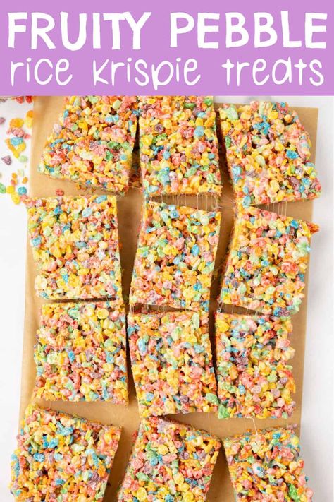 These Fruity Pebble Rice Crispy Treats are a delicious no bake dessert full of gooey marshmallows and fruity pebbles cereal. They are a fun twist on the classic recipe for rice krispie treats, and are an easy snack made with just four simple ingredients. Best Fruity Pebbles Rice Crispy Treats, Fruity Pebble Rice Crispy Treats, Rice Crispy Treats Ideas, Fruity Pebbles Rice Crispy Treats Recipe, Fruity Pebbles Rice Crispy Treats, Fruity Pebbles Treats, Rice Krispies Recipe, Rice Krispie Bars, Chocolate Rice Krispie Treats