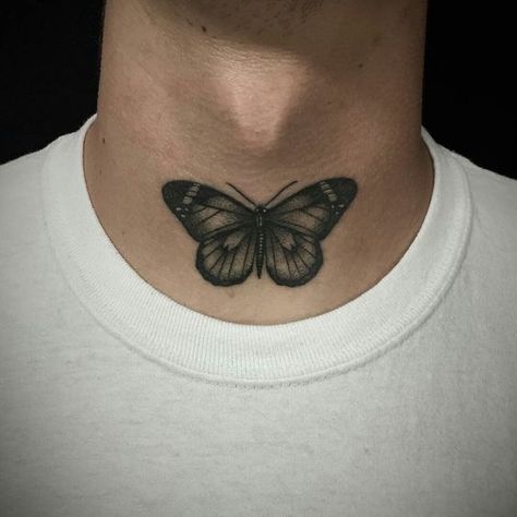 Neck Tattoo Idea Butterfly Picture Moth On Neck Tattoo, Butterfly Neck Tattoo Men, Aesthetic Neck Tattoo, Butterfly Tattoo Designs Men, Guy Neck Tattoos, Masculine Butterfly Tattoo, Lower Neck Tattoo, Neck Butterfly Tattoo, Butterfly Tattoo Neck