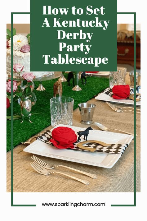 How to Set A Kentucky Derby Party Table. Inspired by traditional derby colors I had a little fun mixing textures, patterns, and fresh flowers to create a Derby Glam table. #kentuckyderby #derbyideas #kentuckyderbyparty #redreoses #tablescapes #kentuckyderbytable Derby Centerpiece Ideas, Kentucky Derby Tea Party Ideas, Kentucky Derby Aesthetic, Kentucky Derby Gala, Kentucky Derby Party Decor, Kentucky Derby Tablescape, Kentucky Derby Centerpieces, Derby Themed Party, Kentucky Derby Diy