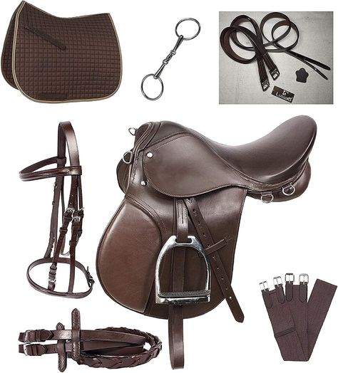 PRICES MAY VARY. Brown Saddle and bridle makes the perfect choice training aid. Bridle features features double layered noseband for durability with a 7/8" width. All hardware is stainless steel. Set of 5/8" wide by 7' long reins complete the set. Saddle The soft leathers are great quality at an even better price High quality rubber pad has assembled on the stirrups for safe and comfortable riding,don't worry about slipping your feet during cycling to protect your safety These well-made leathers Australian Saddle, Equestrian Style Outfit, Horse Barn Ideas Stables, Horse Saddle Pads, Goofy Dog, Horse Riding Clothes, Riding Horse, English Riding, Hunter Jumper