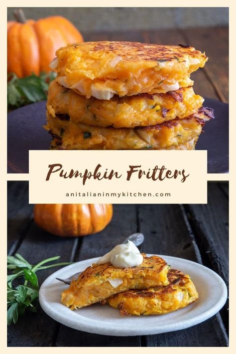 Fresh Pumpkin Recipes, Pumpkin Fritters, Savory Pumpkin Recipes, Pumpkin Dishes, Fresh Pumpkin, Fritter Recipes, Savory Appetizer, Squash Recipes, Veggie Dishes