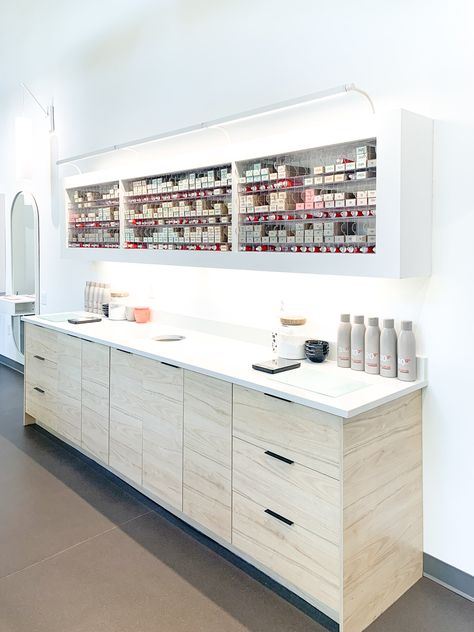 Hair Salon Drink Station, Hair Salon Colour Storage, Salon Color Cabinet Ideas, Hair Salon Color Storage, Hair Salon Cabinets, Hair Salon Break Room, Hair Salon Color Bar Ideas, Color Bar Hair Salon, Hair Color Station Ideas