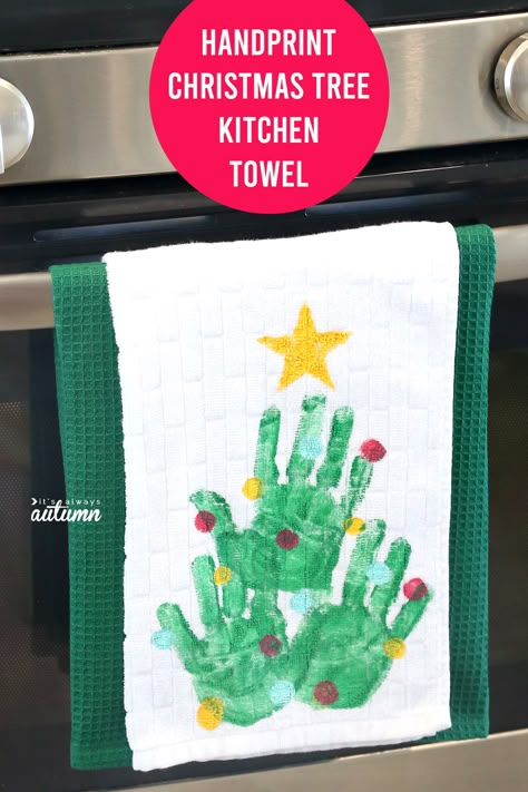 This adorable handprint Christmas tree kitchen towel makes a great gift for grandparents! Christmas Tree Kitchen, Baby Christmas Crafts, Handprint Christmas Tree, Grandparents Christmas Gifts, Christmas Tree Kit, Grandparents Christmas, Handprint Christmas, Toddler Christmas Gifts, Christmas Gifts For Parents