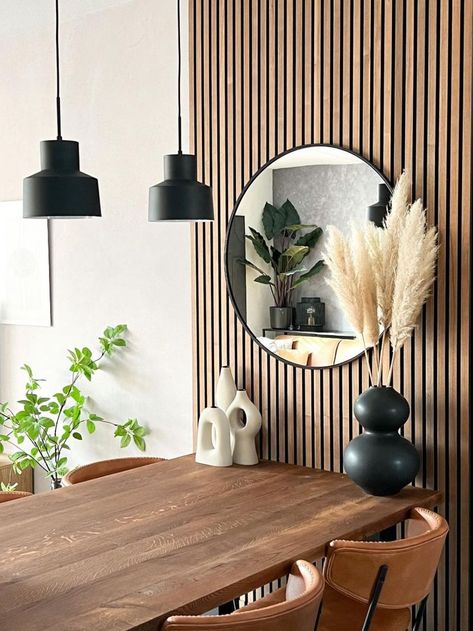 Dining Room Wall Wood Panel, Wall Slats Dining Room, Wood Slat Wall Dining Room, Boho Accent Wall, Dining Room Glam, Bench Under Window, Kitchen Wall Panels, Bench Dimensions, Feature Wall Living Room