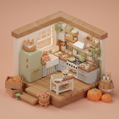 Cute Isometric Room, Kitchen Digital Art, Leaf Room Decor, Blender Room, Isometric Kitchen, Isometric Rooms, Isometric Room, Kitchen Cute, Kitchen Blenders