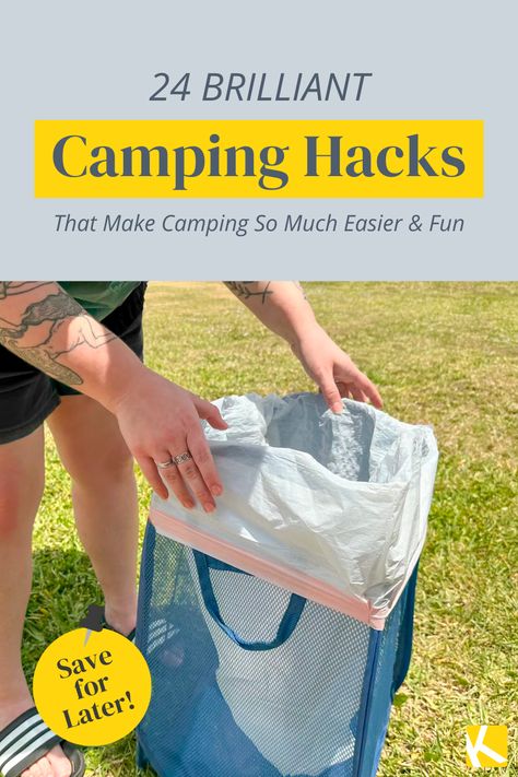 These genius camping hacks will make your next camping trip so much more enjoyable! Whether we're talking tasty camping food, easy camping meals, what items are camping essentials, or just smart camping ideas- The Krazy Coupon Lady brings you all the outdoor camping tips you never knew you needed. Get the kids and family involved in your weekend camping aesthetic trip with fun nature games, easy ways to keep bugs away, and delicious campfire treats. Read on for all our camping tips and tricks! Camping Made Easy Ideas, Camping Hacks That Are Borderline Genius, Easy Diy Camping Hacks, Camping In Tent Hacks, Camping Set Ups Ideas, Cabin Hacks Tips, Family Tent Camping Hacks, Summer Camping Hacks, Camping Tricks And Tips