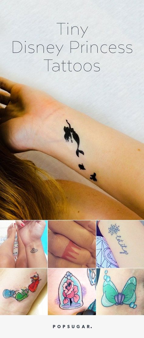 There's no reason you shouldn't make your Disney princess obsession permanent. You can show your love for all our favorite ladies with a tiny tattoo that will make a small and sweet statement. Princess Tattoos, Disney Princess Tattoo, Princess Tattoo, Kunst Tattoos, Hawaiian Tattoo, Disney Tattoo, Tiny Tattoo, Tattoo Feminina, Disney Tattoos