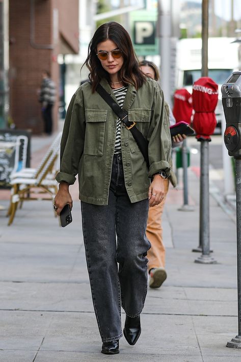 Fall Green Jacket Outfit, Lucy Hale 2023, Unpolished Casual, Khaki Jacket Outfit, Lucy Hale Outfits, Green Jacket Outfit, Lucy Hale Style, Khaki Jacket, London Outfit