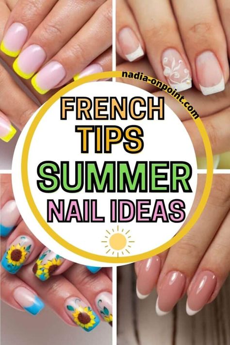 Summer French Tip Nails To Try out This Summer Summer Nails French Manicure, August Nails Designs French Tip, Fun French Tips Short Nails, Nails French Ideas Square, Bright Summer Nails French Tips, French Manicure Beach Nails, Summer French Tip Designs, French Manicure With Design On One Nail, Summer Nails Colored Tips