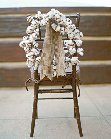 cotton boll wreath on the back of a chair Cotton Wedding Bouquet, Branches Wedding, Cotton Boll Wreath, Cotton Branches, Cotton Boll, Cotton Wedding, Cotton Wreath, Martha Stewart Weddings, Wedding Chairs