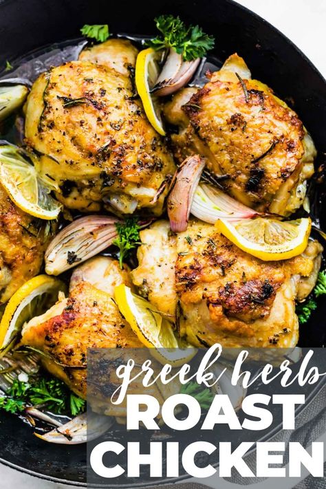 Herb Roasted Chicken Thighs with Charred Rosemary is a healthy baked chicken recipe that you make in one pan, for an easy dinner! Gluten free, low carb, paleo, and Whole30 compliant. #chicken #roastchicken #whole30 #easydinner Easy Dinner Gluten Free, Herb Roasted Chicken Thighs, Greek Roasted Chicken, Nightshade Free Recipes, Baked Chicken Recipes Healthy, Baked Chicken Recipe, Gluten Free Meal Plan, Anti Inflammation Recipes, Healthy Baked Chicken