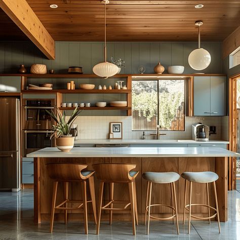 Mid-century modern kitchen inspired by nature with warm wood finishes, soft greens, and muted blues for tranquility Kitchen Guide, Home Decor Pieces, Kitchen Remodel Design, Cabin Kitchens, Mid Century Modern Kitchen, Mid Century Modern Interiors, Mid Century Kitchen, Kitchen Farmhouse, Kitchen Inspiration Design