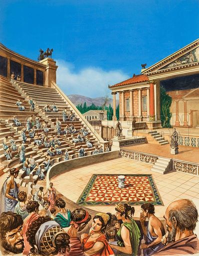 Greek theatre, picture, image, illustration Theatre Illustration, Ancient Greek Theatre, Greek Theatre, Peter Jackson, Classical Period, Empire Romain, Greek Philosophers, Ancient Greek Architecture, Grece Antique