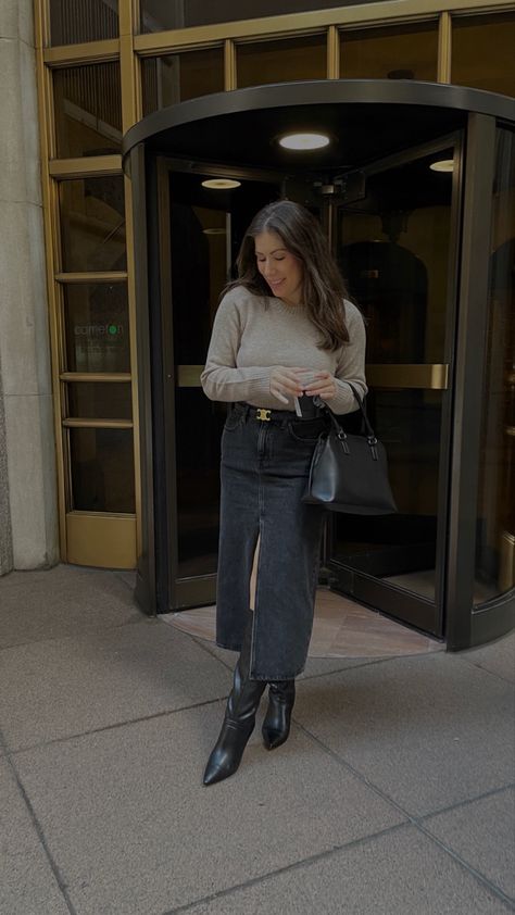 Black denim skirt for fall Boots Fall 2024 Outfit, Black Knee High Boots Outfit Fall, Boots With Midi Skirt, Black Denim Midi Skirt Outfit, Black Jean Skirt Outfit, Midi Denim Skirt Outfit, Midi Skirt With Boots, Knee High Boots Outfit Fall, Denim Skirt Winter