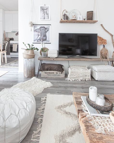 Grey And Boho Living Room, Living Room Decor With Grey Flooring, Boho Bedroom Gray Floor, Organic Modern Decor Grey Floor, White And Grey Boho Living Room, Home Decor Ideas With Gray Floors, Modern Rustic Living Room Grey Floors, Boho With Grey Floors, Grey Boho Living Room Ideas