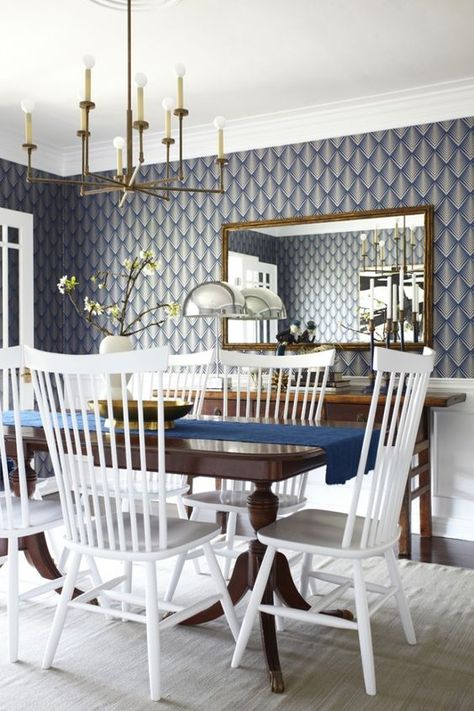 Vamp up your walls Celebrity Dining Room, Worthy Wallpaper, Kitchen Projects Design, Dining Room Wallpaper, Dining Room Blue, Dining Room Makeover, Traditional Dining, Emily Henderson, White Chair