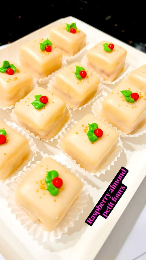 Almond Petit Fours, Petit Four Icing, Dainty Cakes, Raspberry Cake Filling, Square Cookies, Raspberry Almond, Raspberry Cake, Cake Fillings, Gel Food Coloring