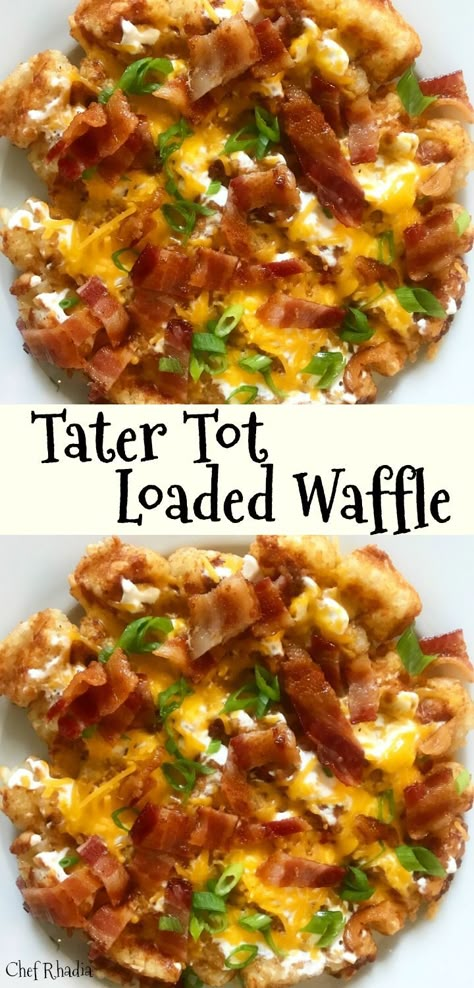 Mini Waffle Maker Lunch Recipes, Stuffed Waffles Breakfast, Waffles With Bacon, Loaded Potato Waffles, Waffle Maker Dinner Recipes, Tater Tots In Waffle Iron, Tator Tot Waffle Iron Recipes, Waffle Side Dishes, Savory Stuffed Waffles