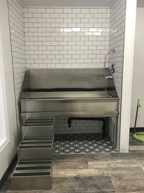 Bath Tub For Dogs, Grooming Area For Dogs, Dog Grooming Shower Ideas, Stainless Steel Dog Washing Station, Dog Grooming Bathing Area, Dog Tub In Garage, Basement Grooming Salon, In Home Dog Wash Station, Large Dog Bathing Station