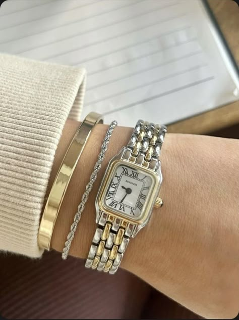 Gold And Silver Watch Aesthetic, Gold Silver Watches, Watch And Bangle Stack, Gold And Silver Watches, Gold Silver Watch Women, Silver Watch With Gold Jewelry, Watch Jewelry Stack, Silver Watch With Bracelets Women, Two Tone Watch Stack