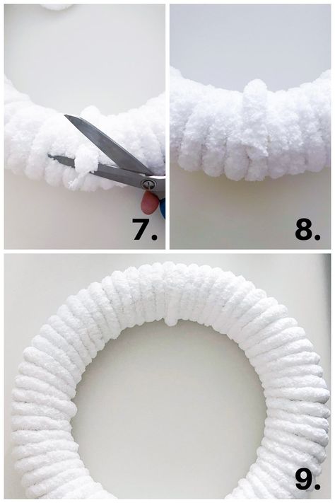 Want to add the look of snow to your front door or wall? This DIY plush chunky yarn Christmas wreath is easy to make and give you a sense of having a puff of snow on your door. It even has the feel of a frosty velvet wreath! This tutorial will show you how to make a DIY plush chunky yarn Christmas wreath. #myweeabode #christmaswreath #plushyarn #velvet Braided Chunky Yarn Wreath, White Wreaths Christmas, Chunky Yarn Wreath Diy Christmas, How To Make A Xmas Wreath, Yarn Christmas Wreath Diy, Christmas Wreath Diy Easy, Yarn Wreaths For Front Door, White Christmas Wreaths Diy, Yarn Wreaths Christmas