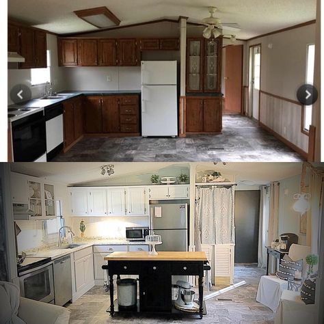 @thefrenchcottage2 on Instagram: “Before and after...see those little shutter doors? Those will be cut off and painted and hung on the bottom of our “little” pantry...now to…” Mobile Home Makeovers Doublewide, Doublewide Remodel, Trailer Remodel Single Wide, Mobile Home Single Wide, Double Wide Remodel, Single Wide Mobile Home, Mobile Home Remodel, Remodel Mobile Home, Mobile Home Kitchen