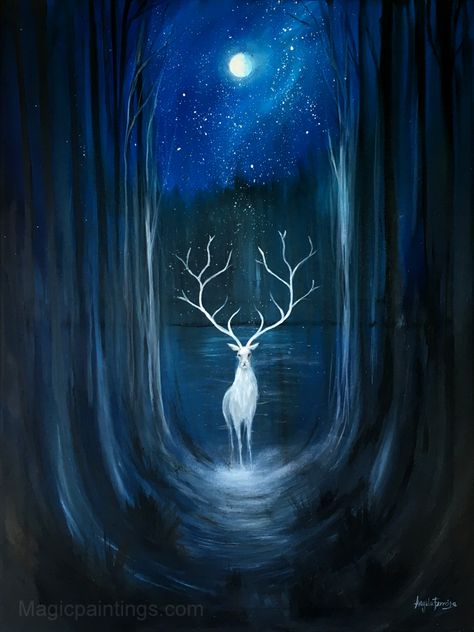 Magical Paintings, Paint Inspo, Deer Painting, Deer Art, Moon Photography, Magical Art, The Messenger, Fantasy Paintings, Fairytale Art