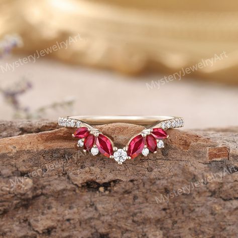 Ruby Engagement Ring With Wedding Band, Wedding Ring With Ruby Accents, Ruby Wedding Band With Engagement Ring, Ruby And Diamond Wedding Band, Pink Diamond Wedding Band, Stackable Ruby Ring, Ruby Ring Designs Unique, Ruby Ring Designs, Chevron Wedding Band