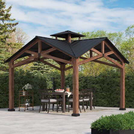 Greyleigh™ SummerCove Bella 12.5 ft. x 12.5 ft. Patio Black 2-Tier Cedar Framed Hardtop Gazebo | Wayfair Outdoor Gabezos, Gable Roof Exterior Design, Simple Gazebo, Small Pavilion, Wood Gazebo, Gazebo Roof, Outdoor Gazebo, Outdoor Structure, Backyard Shade