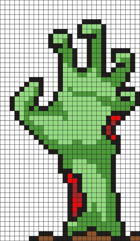 Bead Sprite Pattern, Pixel Art Horror Character, Zombie Perler Beads, Kandi Patterns Perler, Perler Beads Zombie, Zombie Perler Bead Patterns, Pixel Art Hands, Zombie Art Cute, Zombie Perler