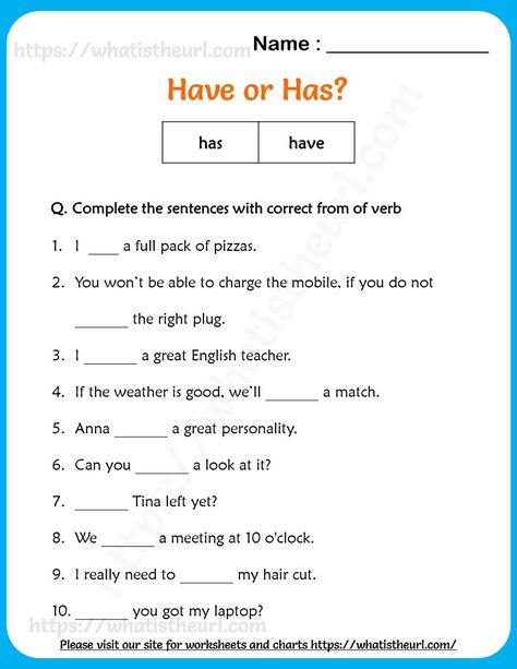 This PDF is a pack of questions with Has and Have usage. The students need to use correct form (has or have) to complete the sentence. The key are provided to refer he answers, Use Of Has And Have Worksheet, Has Have Worksheets, Verbs Kindergarten, Classroom Tree, Grade Three, Kids Worksheet, First Grade Math Worksheets, English Today, Kindergarten Reading Worksheets