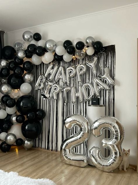 Black And White Decorations Birthday, Mens Birthday Backdrop Ideas, Black Silver Birthday Theme, Black Party Theme Decor, White And Black Birthday Decor, Black Silver Birthday Decor, Black And White Birthday Decor, Black Out Party Theme, Birthday Decorations Black And White