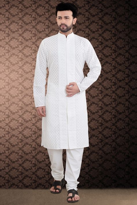 White Kurta Men, White Chikankari Kurta, Muslim Men Clothing, Indian Wedding Clothes For Men, Embroidery Kurta, Wedding Kurta For Men, Kurta Pajama Men, Kurti With Palazzo, Chikankari Kurta