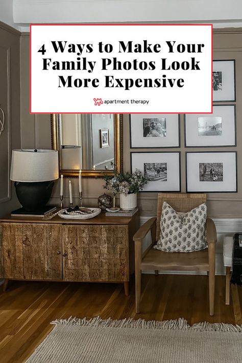 Check out four easy tips to make your family photos look more expensive and display-worthy, for only $35. Large Picture On Mantle, Family Photos In House Ideas, Family Photo Entryway, Family Photos In Entryway, Family Photo Dining Room Wall, Entryway Table Gallery Wall, Entry Way Family Photos, How To Incorporate Family Photos Into Decor, How To Decorate With Photos