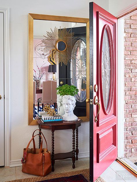 A door can't be open all the time. Deck the wall behind it with a short console table and tall mirror for an entryway you can't help but check out. Rustic Barn Door, Foyer Decorating, Small Entryway, Small Space Solutions, Decorating Small Spaces, Furniture Arrangement, Small Living, Better Homes, Entryway Decor