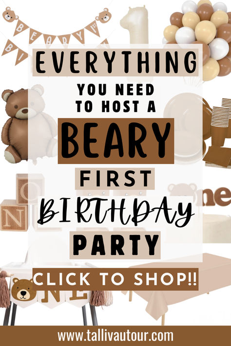 Looking to host the cutest Beary First Birthday Party? I've got you covered from invitations to balloons to party favors! It's all linked in my blog! Amazon affiliate (contains affiliate links) #bearyfirstbirthdaypartyideas #bearyfirstbirthday #bearbirthday #firstbirthdaypartyidea #firstbirthday #1stbirthday #balloons #boybirthday #girlbirthday #party #partytheme #partyideas #eventplanning #celebration #birthdayparty #banner #naturebirthdaypartyidea #campingbirthday #onehappycamper #neutral Beary First Birthday Table Decor, 1st Birthday Party Bear Theme, Bear-y First Birthday Boy, Beary First Birthday Balloon Arch, We Can Bearly Believe It 1st Birthday, Bear Birthday Food Ideas, Beary First Birthday Food Ideas, One Beary Good Year Birthday, Teddy Bear Picnic First Birthday