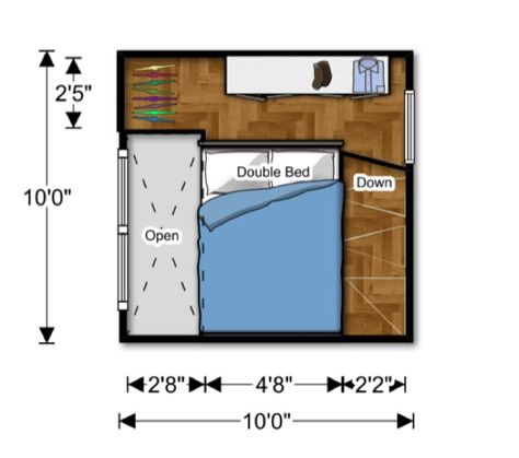 nomad micro home 07   100 Sq. Ft. Prefab NOMAD Micro Home: Could You Live this Small? 10x10 Tiny House, Small Prefab Homes, Small House Model, Design Casa Piccola, Loft Floor Plan, Bathroom Plans, Tiny House Floor Plans, Micro House, Bed Plans