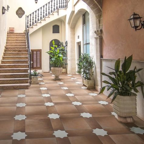 Merola Tile Argile Bordeaux Ferrara with Losanga and Bianco Star 24-5/8" x 24-5/8" Porcelain Floor and Wall Tile - Kit (4 Tiles) - Bed Bath & Beyond - 40599127 Mexican Tile Stairs Staircases, Balcony Tiles Ideas, Front Entry Tile, Branding Deck, Spanish Tile Floor, Mexican Tile Stairs, Rustic Mexican Home Decor, Tiled Patio, Spanish Backyard