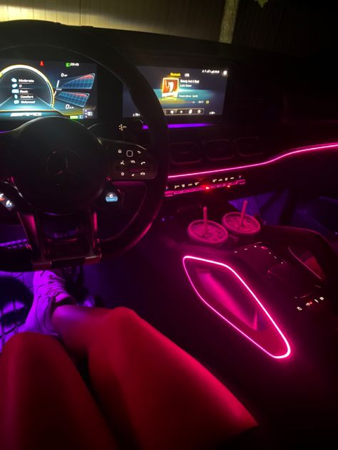 Late night drive to McDonald’s in amg Mercedes Purple Drink Recipe, Dodge Charger Interior, Drive Mercedes, Pink Car Interior, Hot Pink Cars, Purple Drink, Pink Led Lights, Matte Black Cars, Neon Car