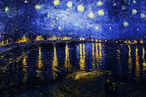 Van Gogh Wallpaper, Starry Night Over The Rhone, Night Reflection, Reflection Art, Night Couple, The Starry Night, Starry Night Van Gogh, Western Art, Vincent Van Gogh