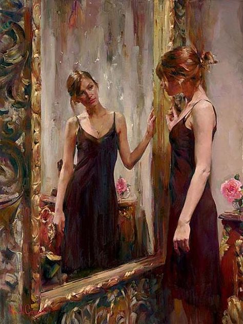 Michael and Inessa Garmash Mirror Drawings, Beauty Paintings, Reflection Art, Painting Of A Woman, Mirror Painting, Wow Art, Foto Art, Mirror Art, A Mirror