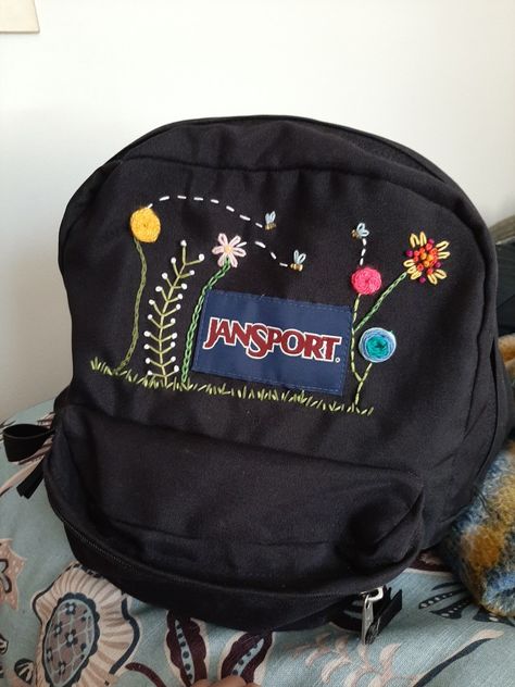 Jansport backpack Jansport Backpacks Embroidery, Embroidered Jansport Backpack, Jansport Embroidery, Backpack Embroidery Ideas, Backpack Embroidery, Backpacks Jansport, Jean Embroidery, Embroidered Things, Mochila Jansport