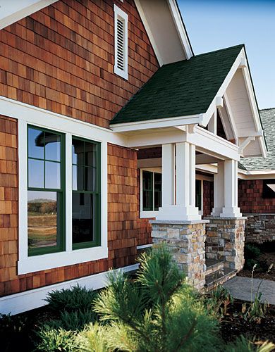 roof over entryway - matching stonework from garage. Brown Shingles, Cedar Shake Siding, Shingle House, Cedar Shake, Lake Houses Exterior, House Trim, Shingle Siding, Cabin Exterior, Cedar Homes