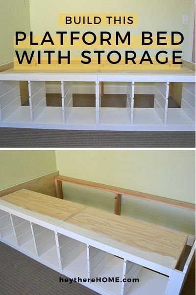 Step-by-step tutorial for this DIY platform bed with storage for all your kid's toys. We created this diy storage bed using IKEA shelves and a little DIY. Raised Twin Bed With Storage Diy, Beds With Storage Diy, Storage Headboard Diy, Cube Storage Bed, Under Bed Storage Diy, Diy Platform Bed With Storage, Diy Under Bed Storage, Diy Twin Bed Frame, Diy Twin Bed