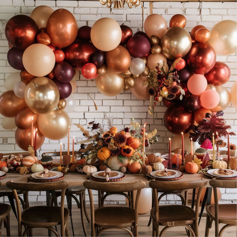 Photo Booth Fall Ideas, Autumn Outdoor Dinner Party, Thankful Themed Party, Fall Colors Birthday Party, Fall Birthday Party Backdrop Ideas, Autumn Party Decorations Birthday, Fall Birthday Color Schemes, Fall Banquet Ideas, Pumpkin Themed Dinner Party