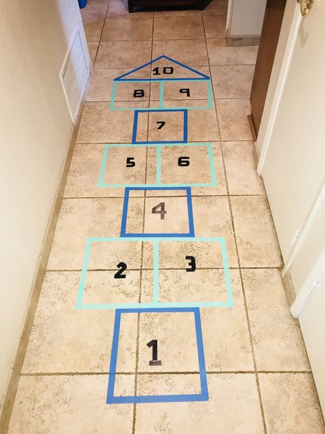 Indoor hopscotch! With painters tape. Indoor Hopscotch Diy, Indoor Hopscotch, Restaurant Tiles, Hopscotch Game, Floor Tape, Toddler Ideas, Preschool Planning, Virtual Art, Kids Games